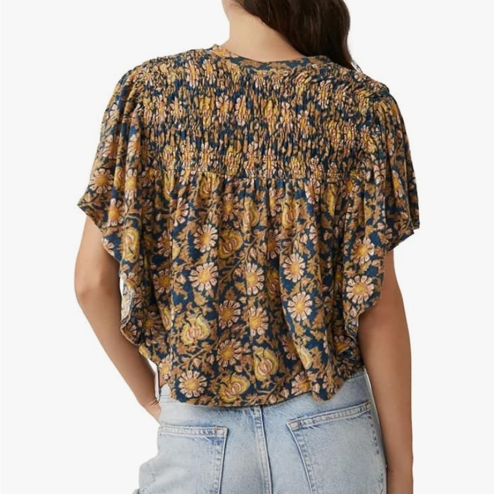 Free People navy and Yellow Printed Ruffled Up Top Floral Blouse sz M - Picture 5 of 14